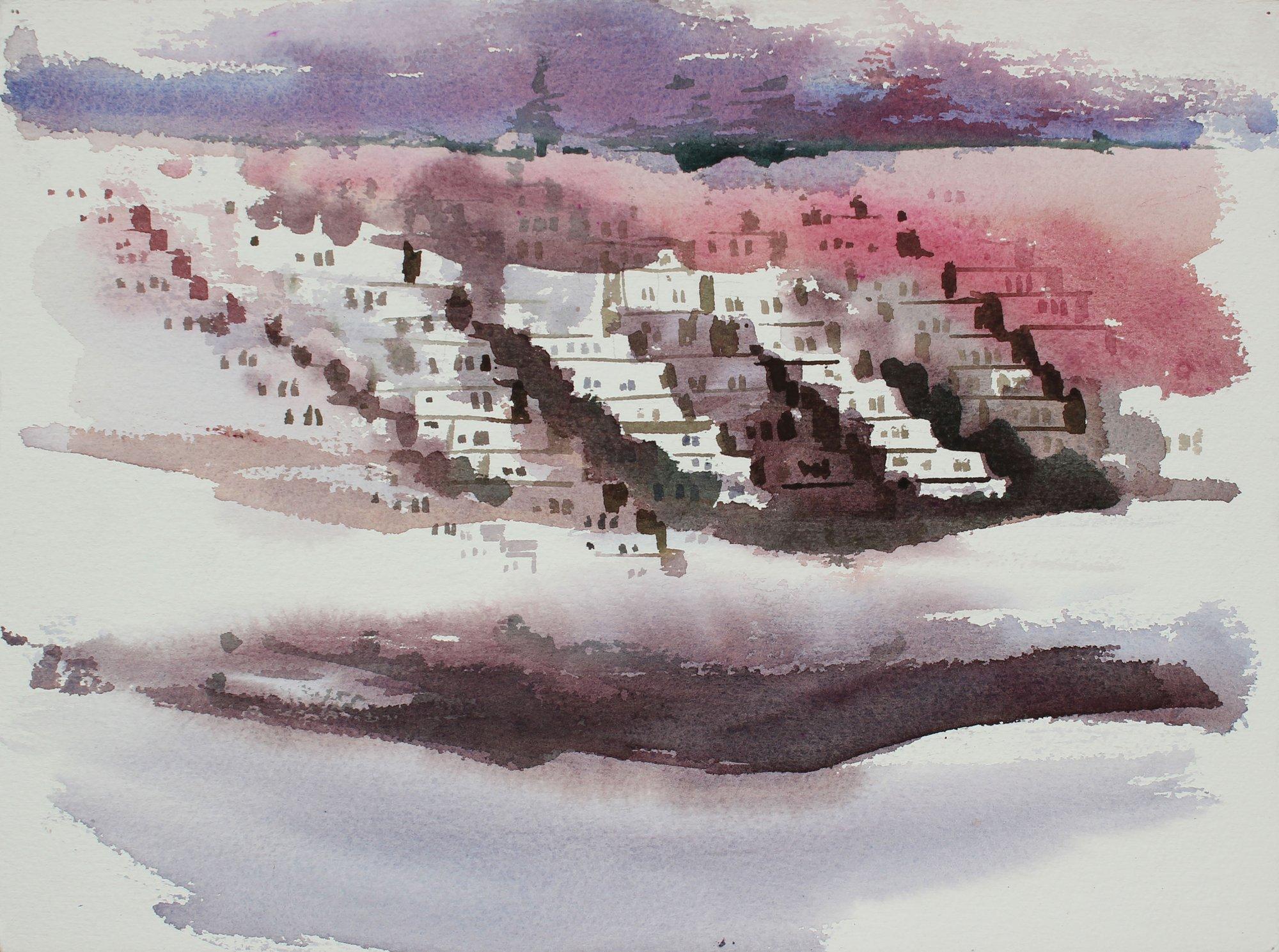John Nicolini Landscape Art - Abstracted Houses in the Sunset District San Francisco 20th Century Watercolor