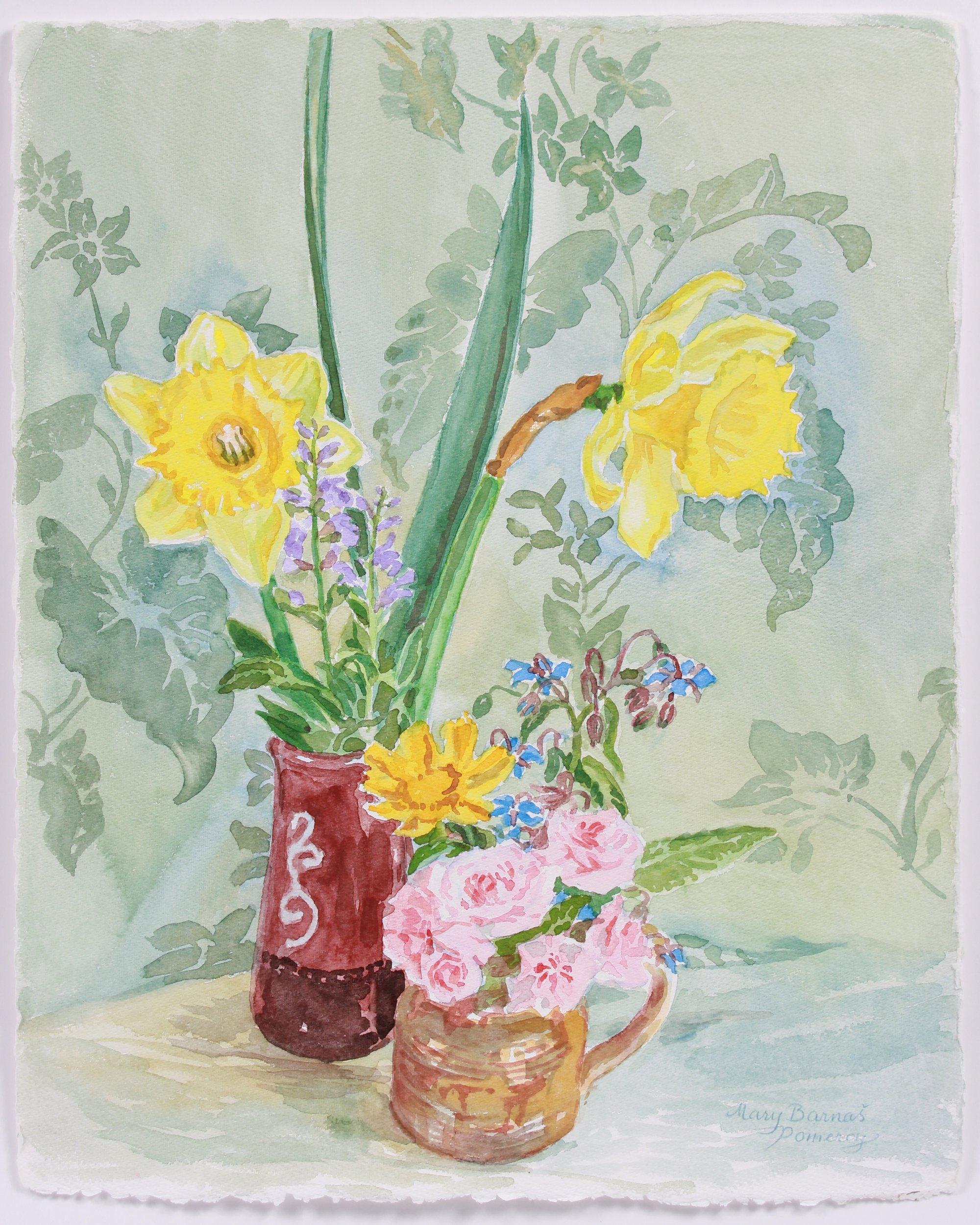 Mary Pomeroy Landscape Art - "Two April Bouquets" April 9 Watercolor Still Life