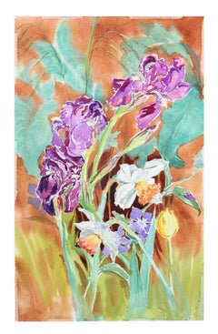 "Dancing Spring Flowers" 1970s Watercolor Botanical Still Life