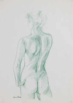 Female Nude Sketch Late 20th Century Colored Pencil Drawing in Green
