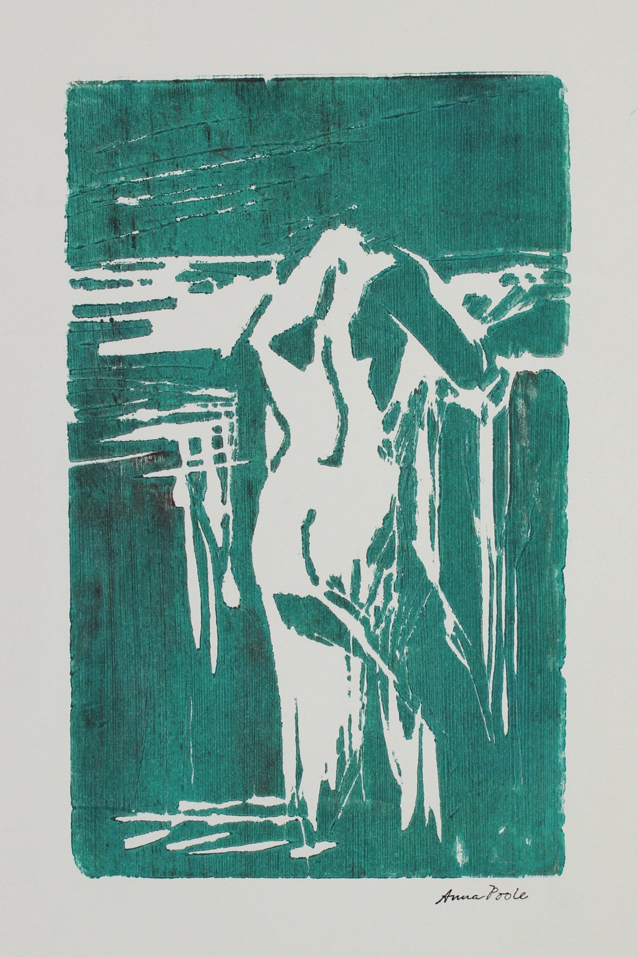 Nude Figure Study Late 20th Century Woodblock Print in Emerald Green