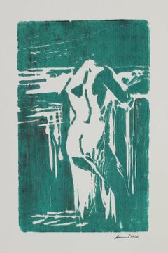 Nude Figure Study Late 20th Century Woodblock Print in Emerald Green