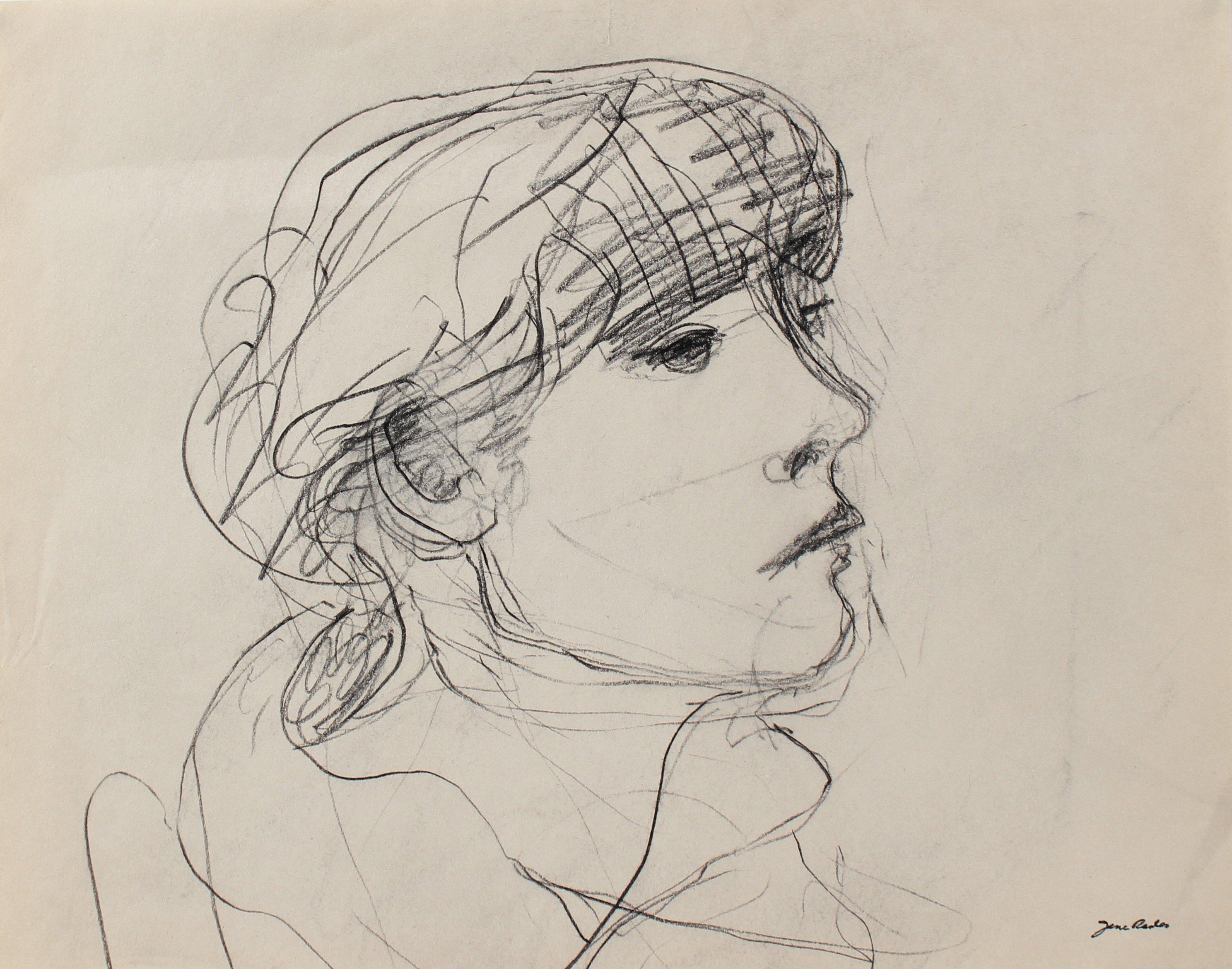 Jane Rades Portrait - Loose Sketch of a Girl 20th Century Charcoal