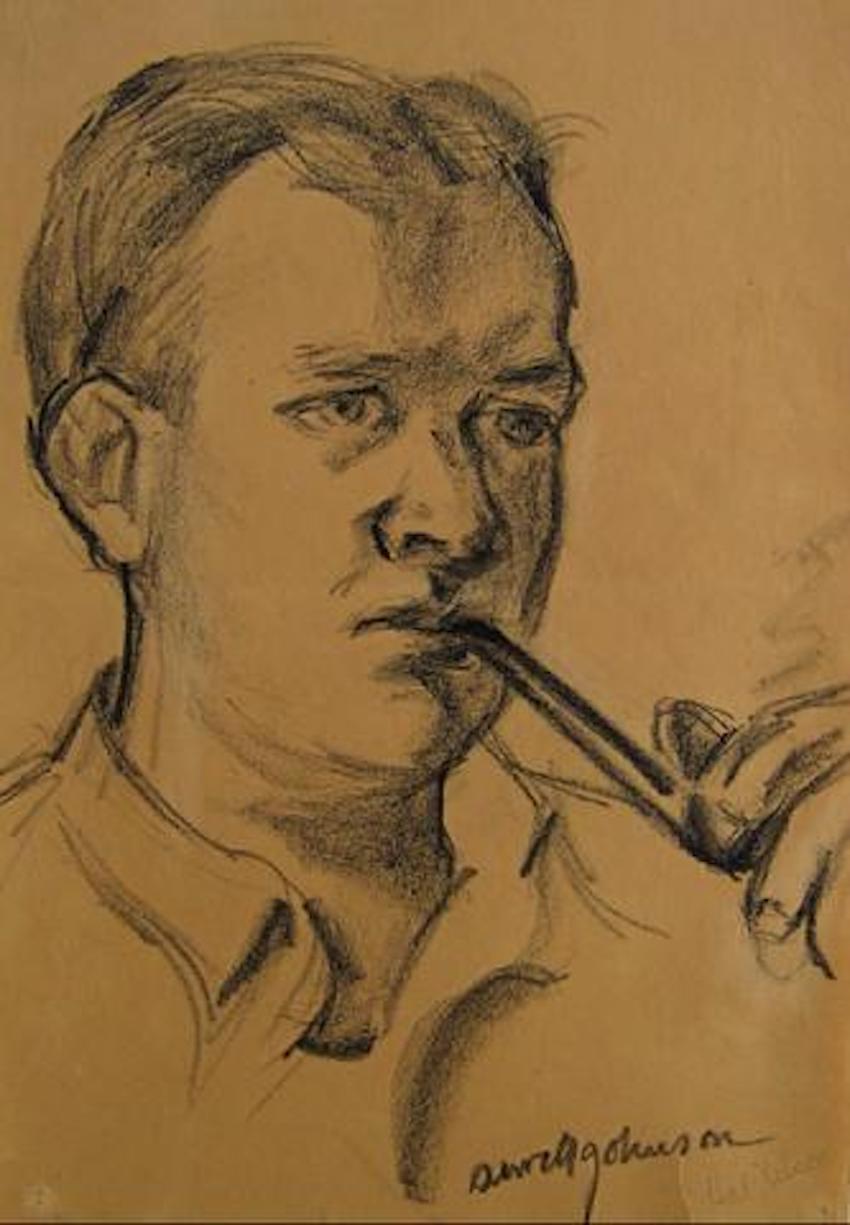 "Hal Nelson" 1930-50s Charcoal Man Cigar Smoking Portrait Drawing