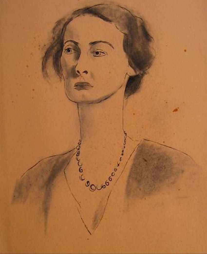 Ink Wash Female Portrait 1930-50s Drawing