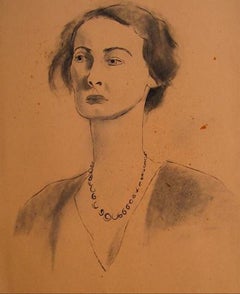 Vintage  Ink Wash Female Portrait 1930-50s Drawing