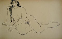 Reclining Female Nude 1930-50s Ink Wash Drawing
