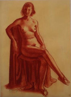 Modernist Seated Nude in Red 1920-30s Conte Crayon on Paper