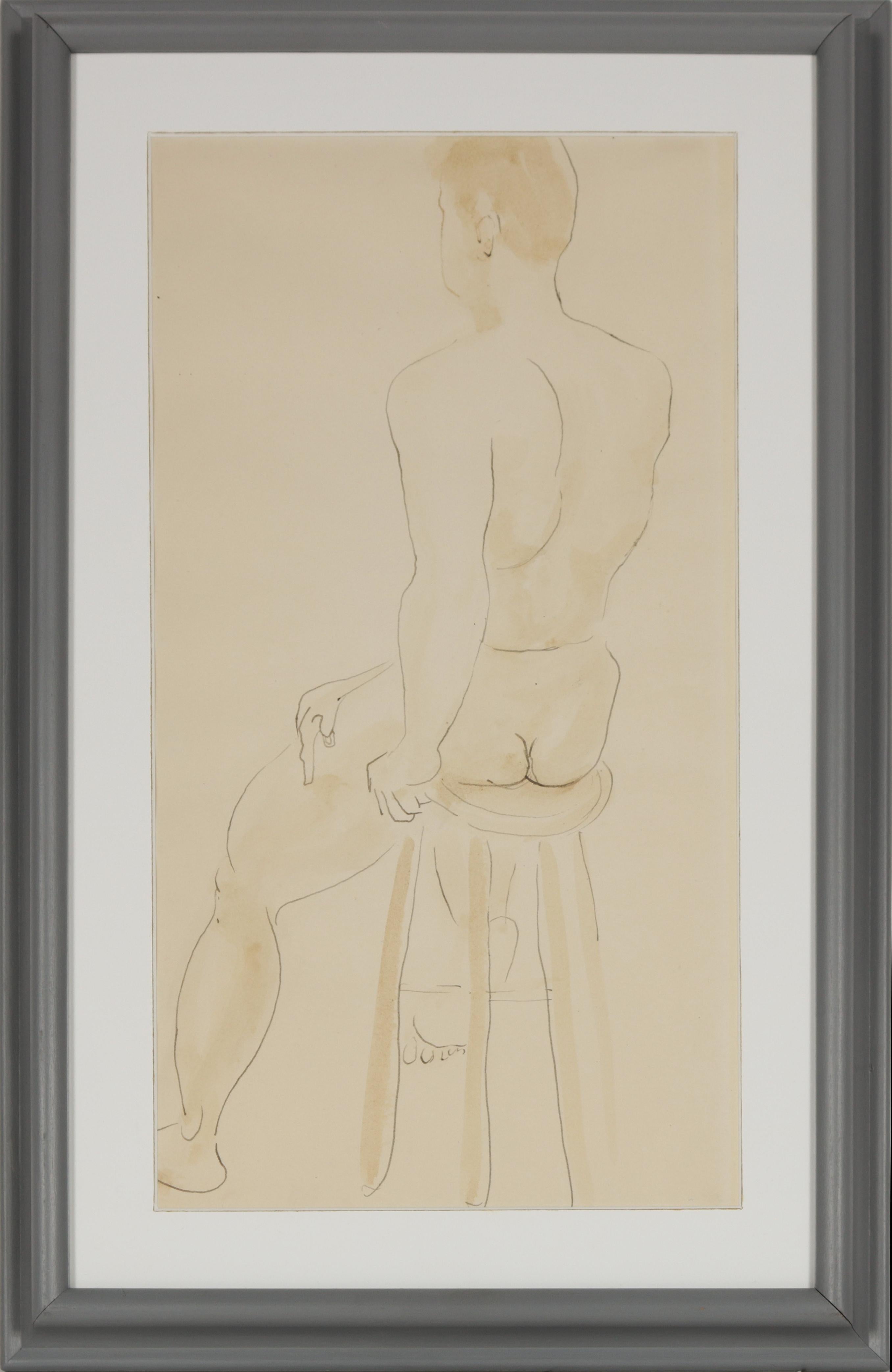 Richard Van Wingerden Figurative Art - Minimal Seated Male Nude 1950s Ink & Watercolor