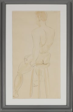 Minimal Seated Male Nude 1950s Ink & Watercolor