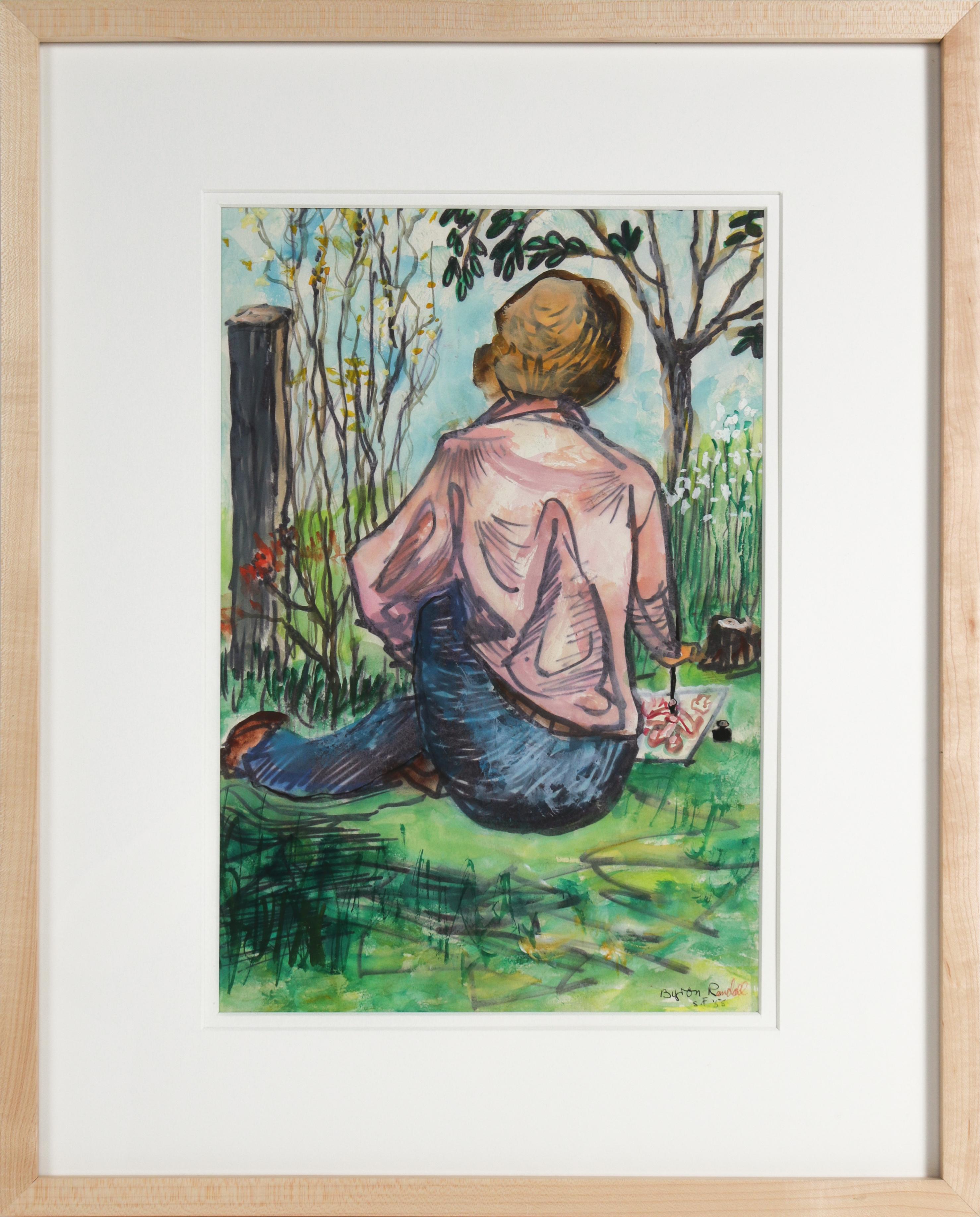 Byron Randall Figurative Art - "Emmy Lou Packard Sitting in the Garden" 1958 Mixed Media