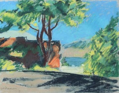 Abstracted Lake Cabin Scene 20th Century Pastel