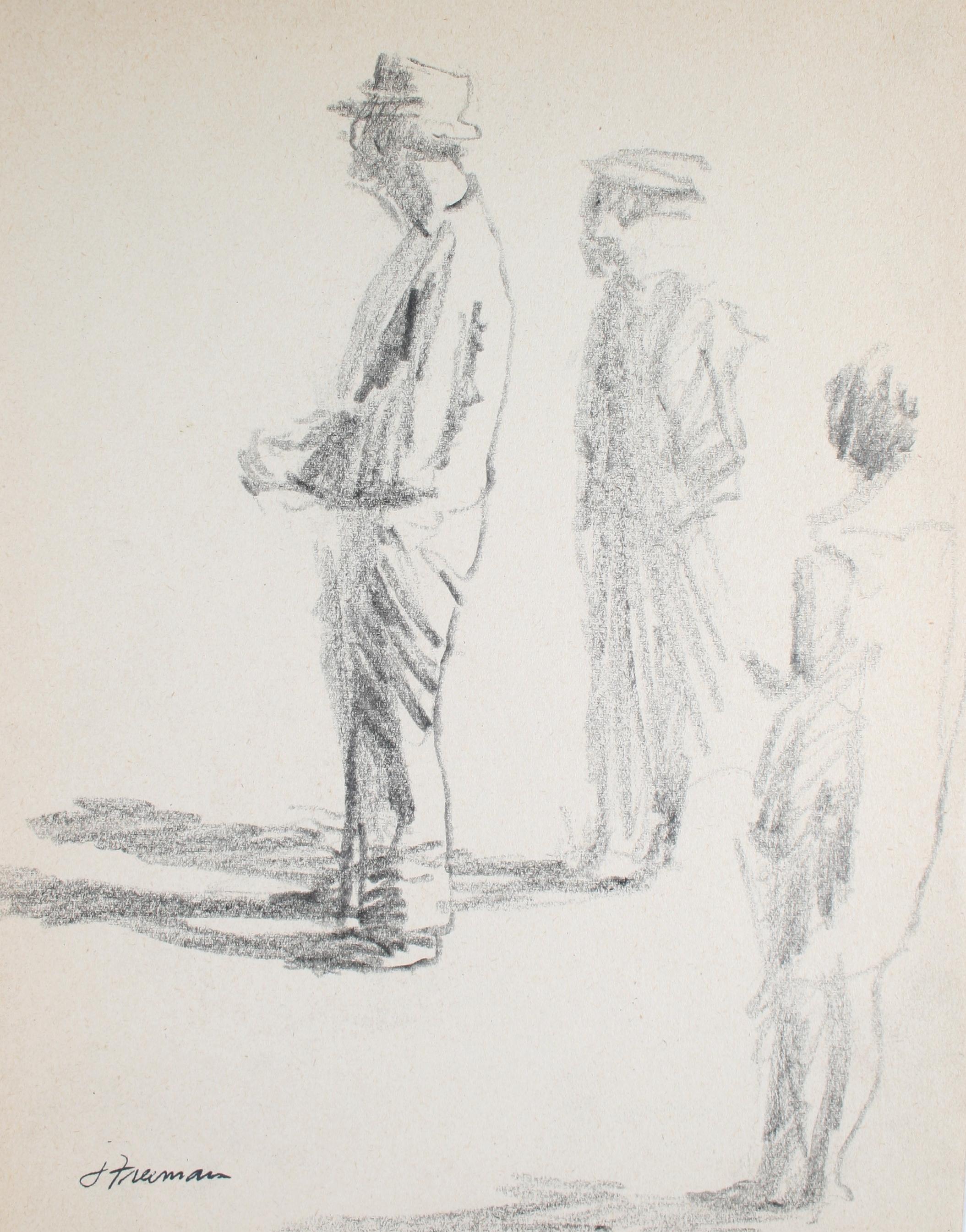 Jack Freeman Figurative Art - Figures in Late Afternoon Mid 20th Century Graphite