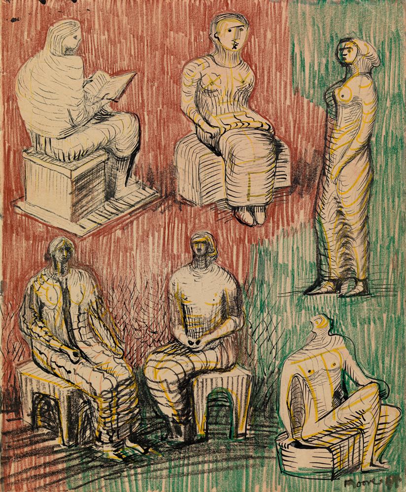 Buntstifte, Tinte und Bleistift
Signiert unten rechts

Die Henry Moore Foundation vermutet, dass die Zeichnung aus dem Jahr 1948 stammt und ursprünglich Teil des Skizzenbuchs von 1947-49 war

Provenienz: Geschenk des Künstlers an seinen Neffen als