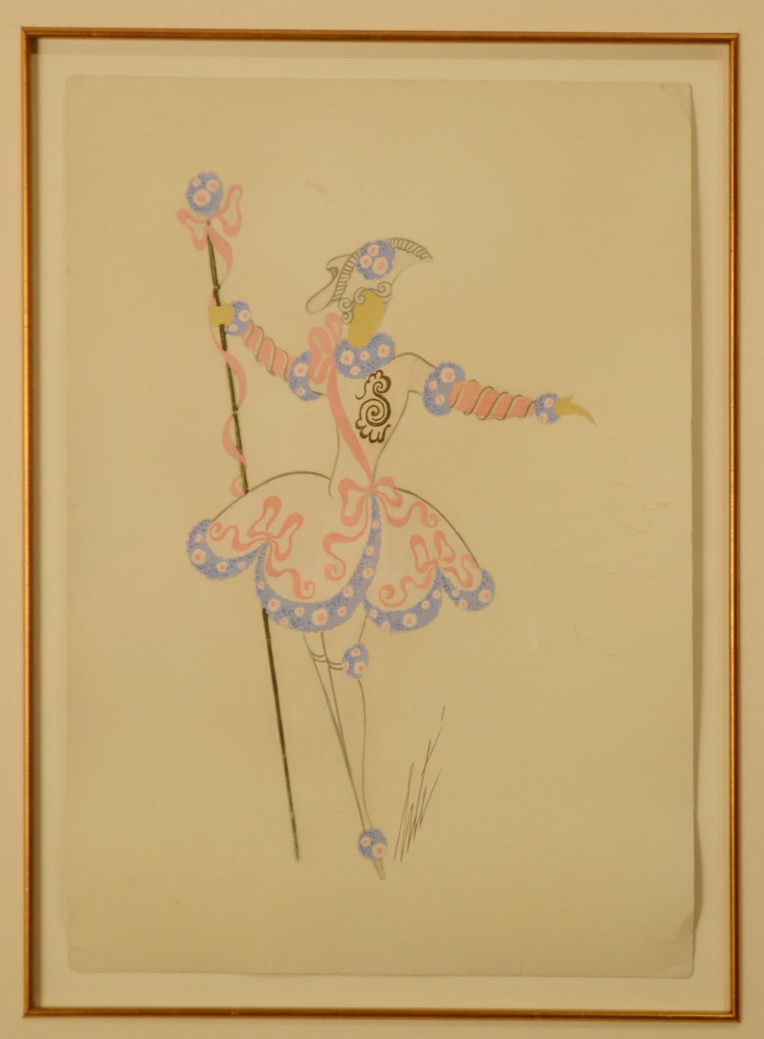 "Pink Dancer" circa 1925 ORIGINAL Gouache on Paper 14 1/2 x 10 1/2 - Art by Erté