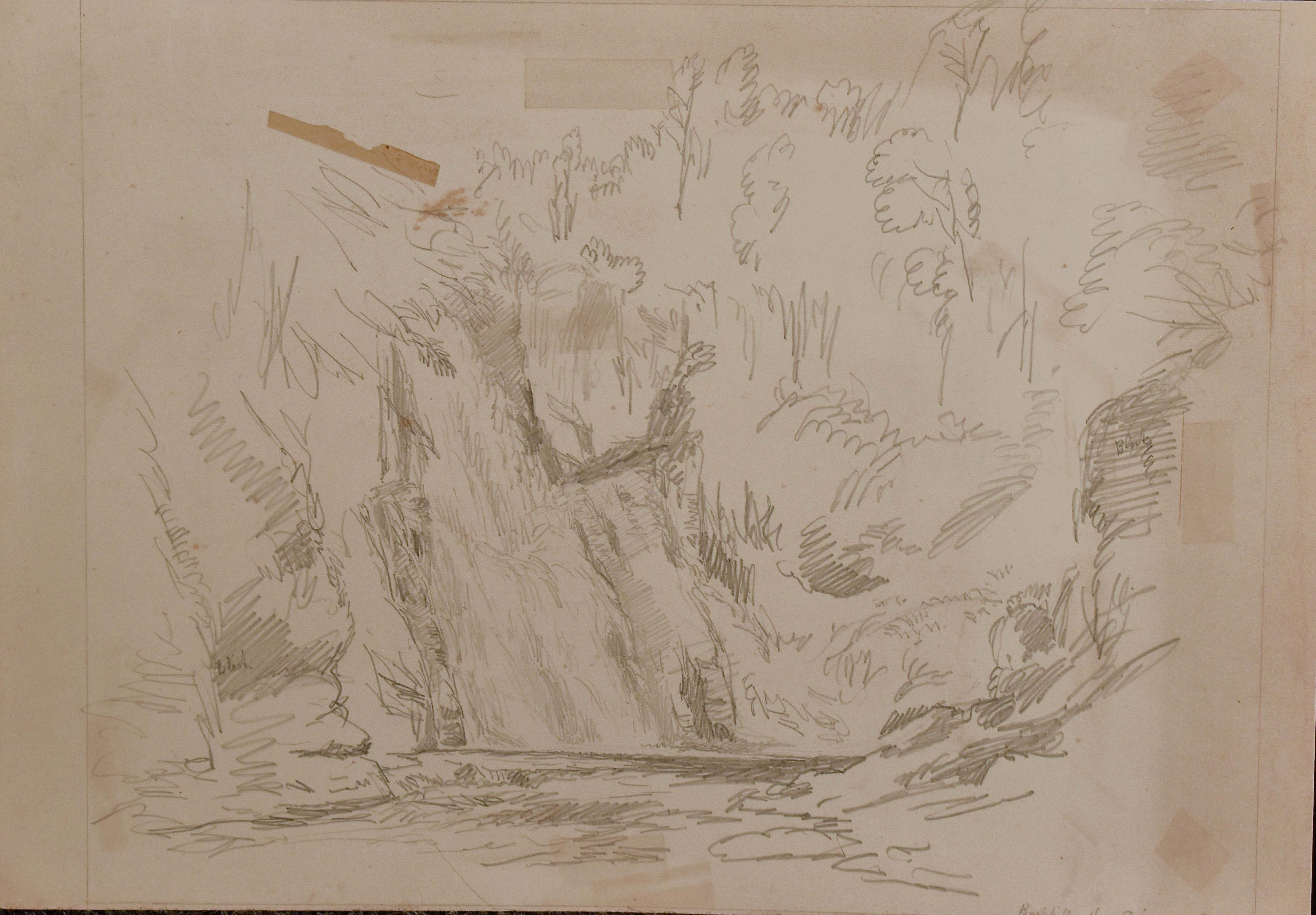 "Study of Landscape With Cliff and Trees" Graphite/Paper American PreRaphaelite - Art by John Henry Hill