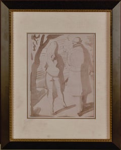 Reginald Marsh, "Walk in the Park" Ink Wash and Graphite on Paper 11 x 8 1/2