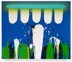 Peinture originale de l'artiste japonais Gutai Motonaga intitulée "Blanc Bleu Vert"