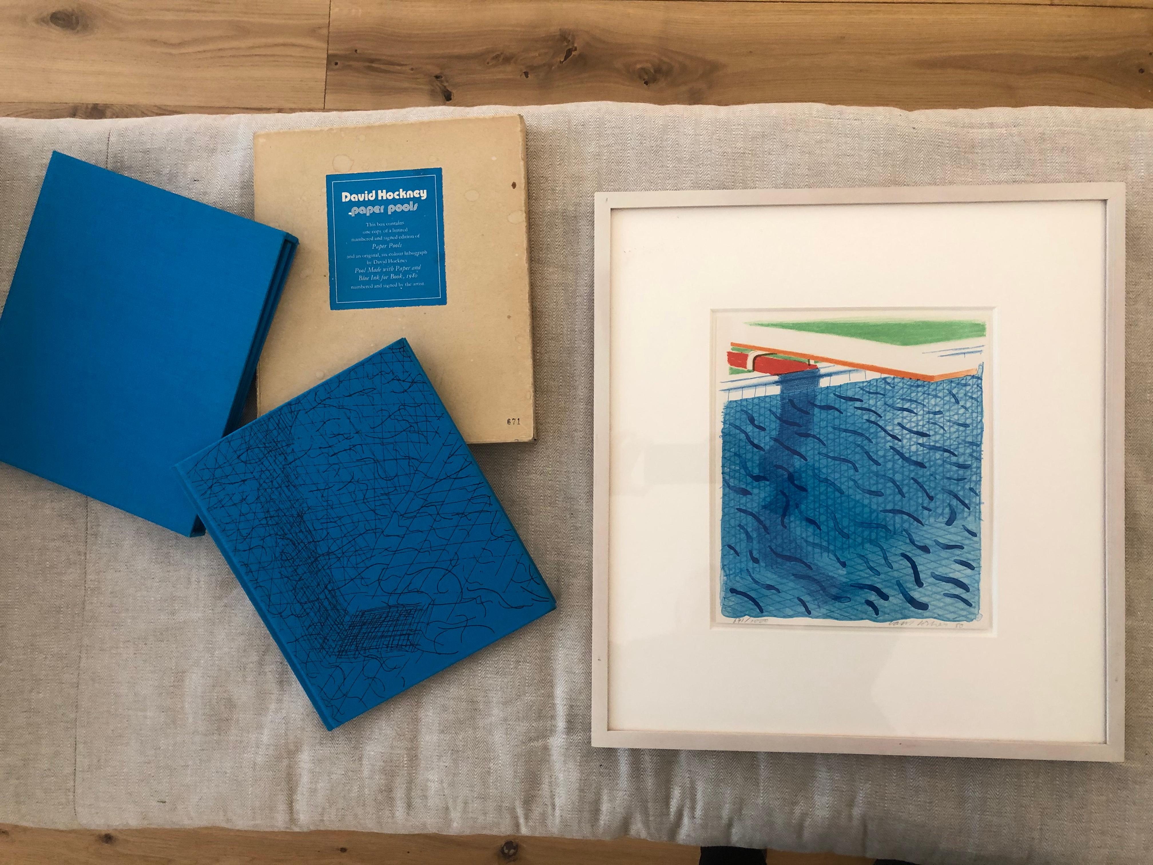 David Hockney
Pool Made with Paper and Blue Ink for Book, 1980
signed, dated and numbered 107/1000 in pencil, published by Tyler Graphics Ltd., Mount Kisco, New York, with their blindstamp
Lithograph in colours, 1980, on Arches
267 x 228mm (10 1/2 x