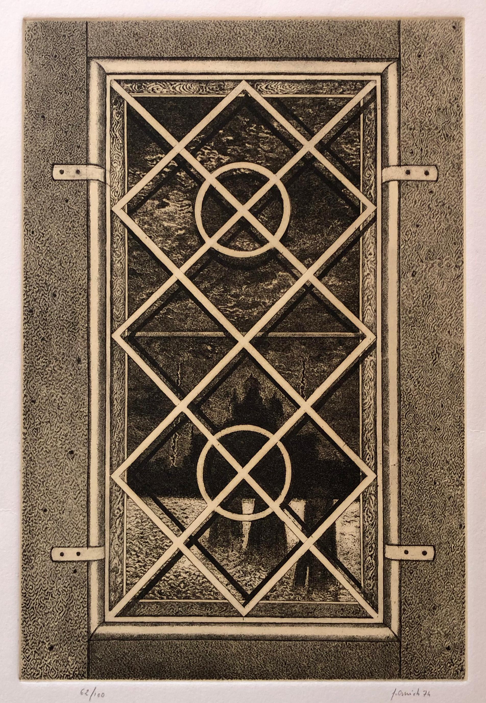 An evocative view of the Church of Santa Maria della Salute, Venice. The image is framed by the stone window and geometric pattern of iron over the window.  Signed and numbered from the edition of 100.

Engraver, sculptor and painter, Edo Janich was