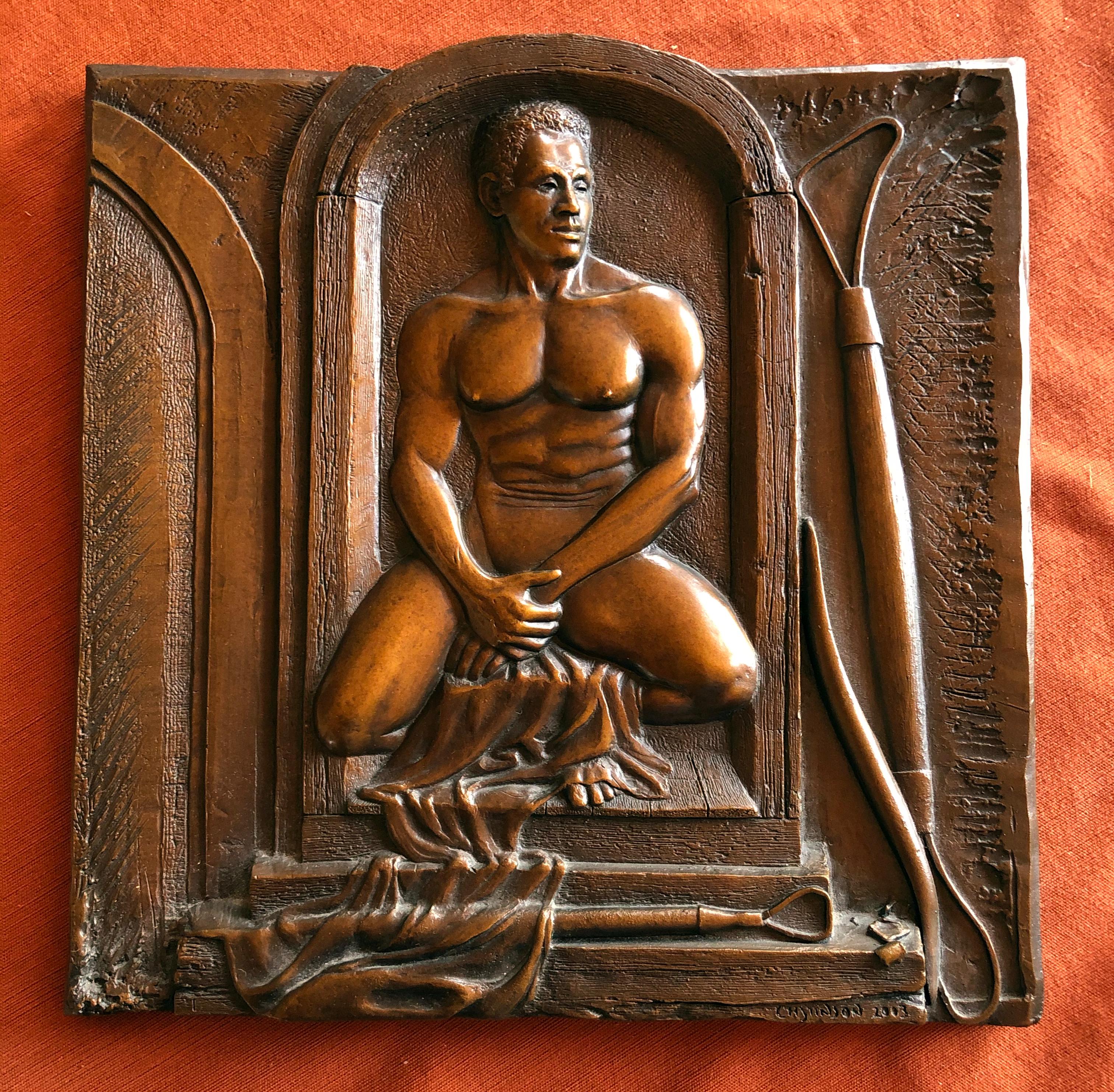 Male nude bronze sculpture by San Francisco artist Charles Stinson. Created for hanging on a wall, or displayed on a stand. Classic male nude with a black model in a trompe l'oeil setting.

Stinson has been exhibiting in solo and group exhibitions
