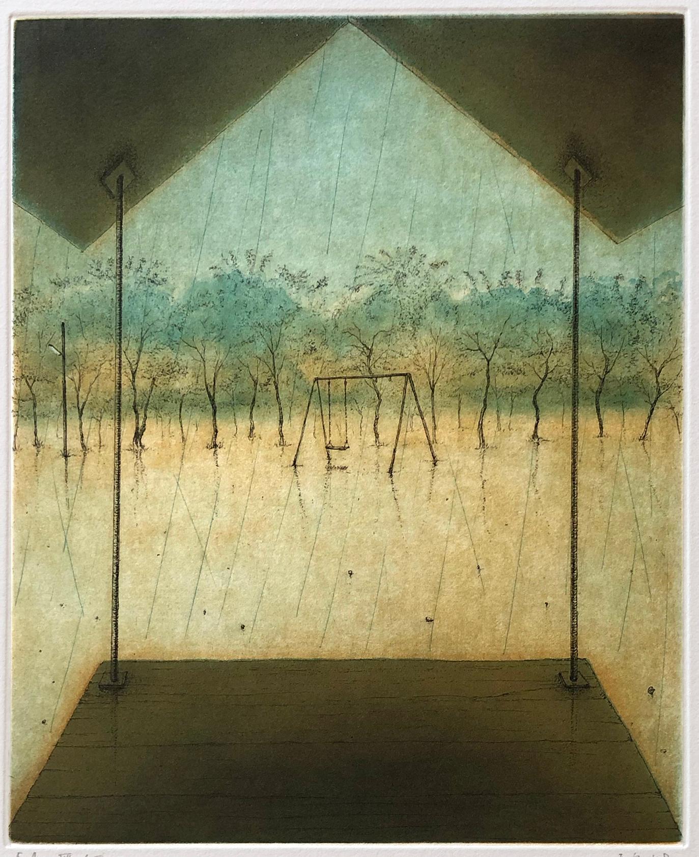 Signed artist proof, VII/X. Image of a swing set in a rainy landscape. Shiraishi's prints often have a dreamy or surrealistic feeling.

Mitsuo Shiraishi is a Japanese painter and printmaker. He was born in Tokyo in 1969, but now works and lives in