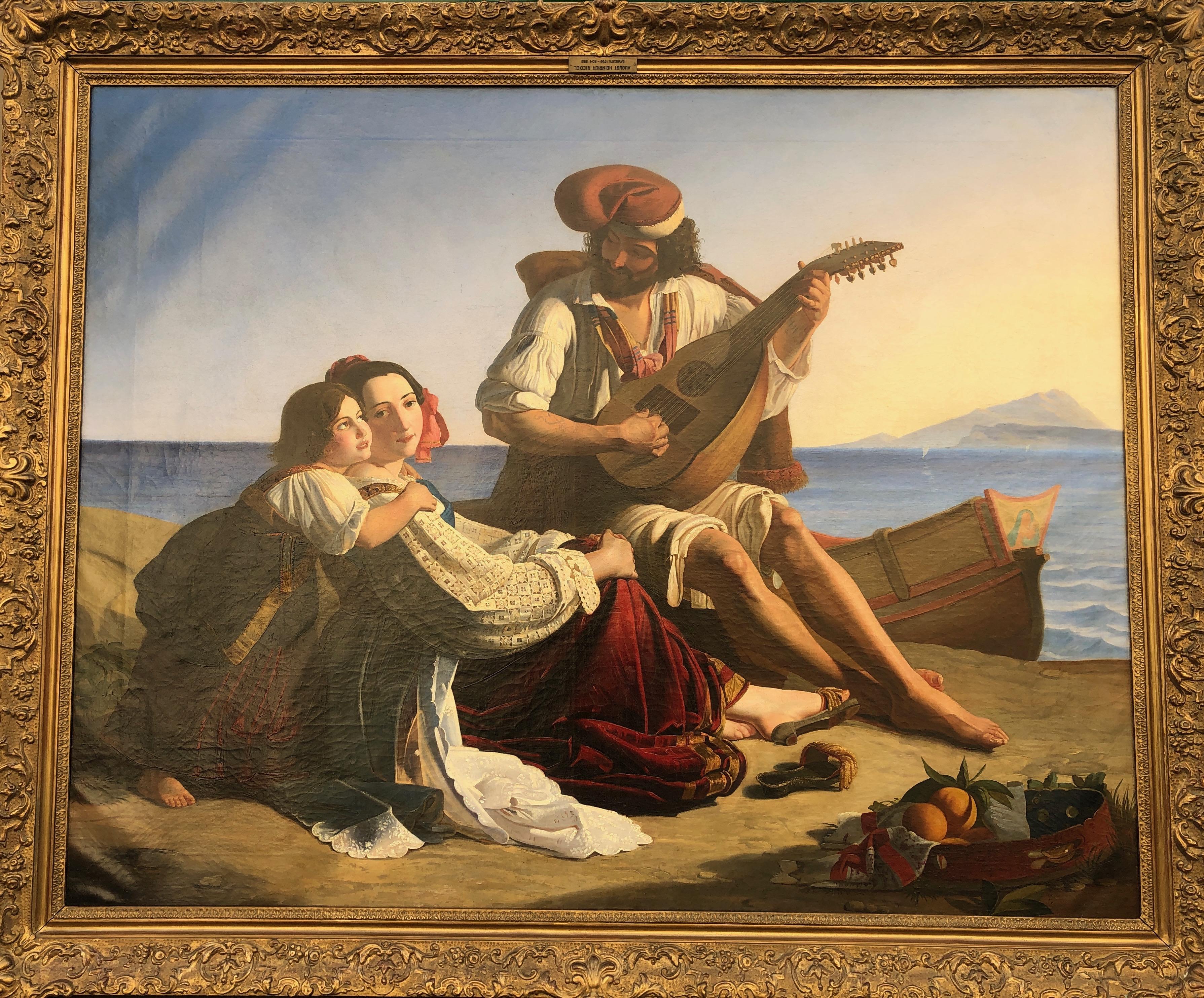 August Heinrich Riedel Landscape Painting - Mandolin Player with Family on the Gulf of Naples, Mt. Vesuvius 