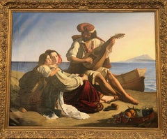 Mandolin Player with Family on the Gulf of Naples, Mt. Vesuvius