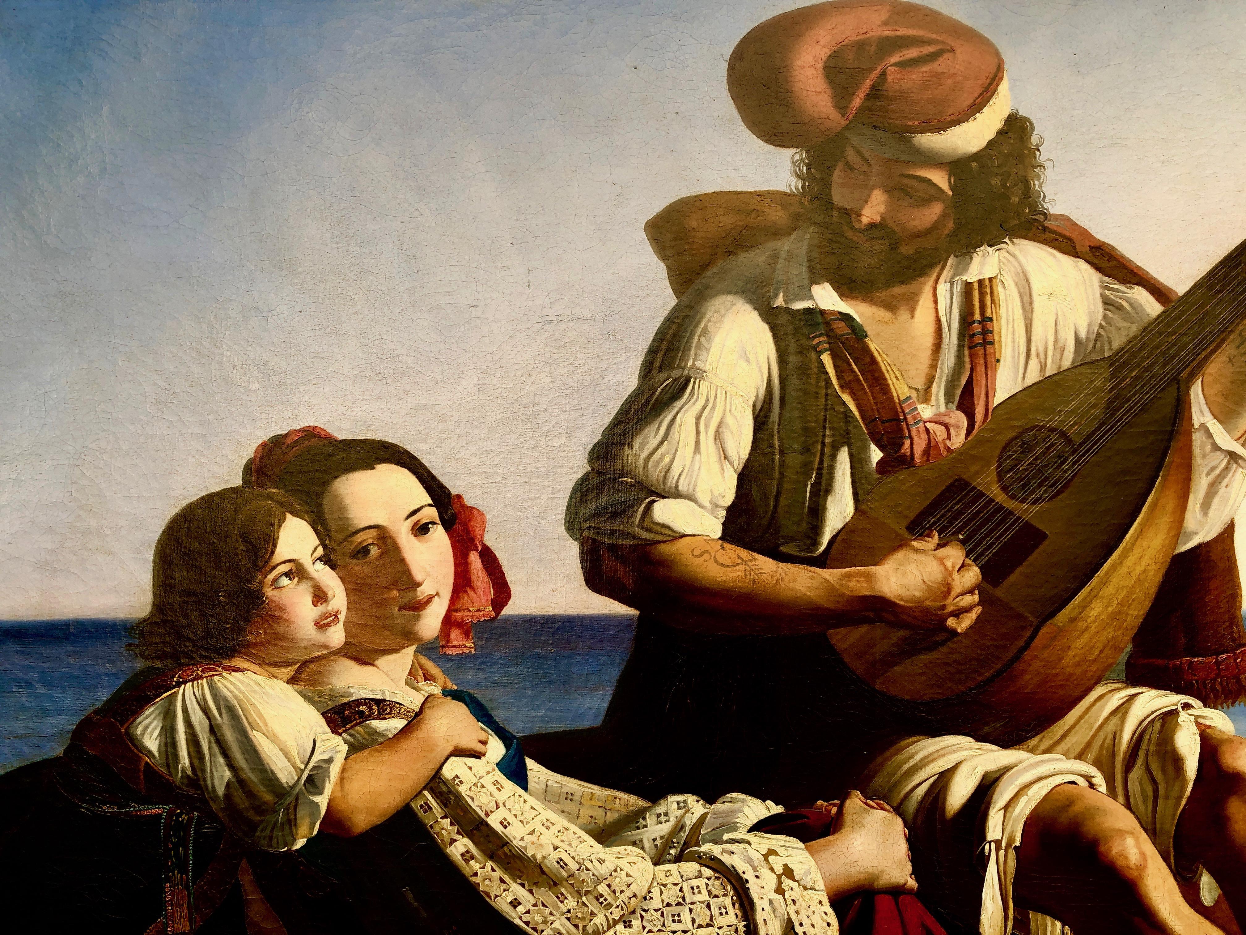 Mandolin Player with Family on the Gulf of Naples, Mt. Vesuvius  - Painting by August Heinrich Riedel