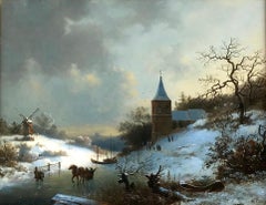 Frozen River Scene with Windmill Beyond, Oil on Panel Painting