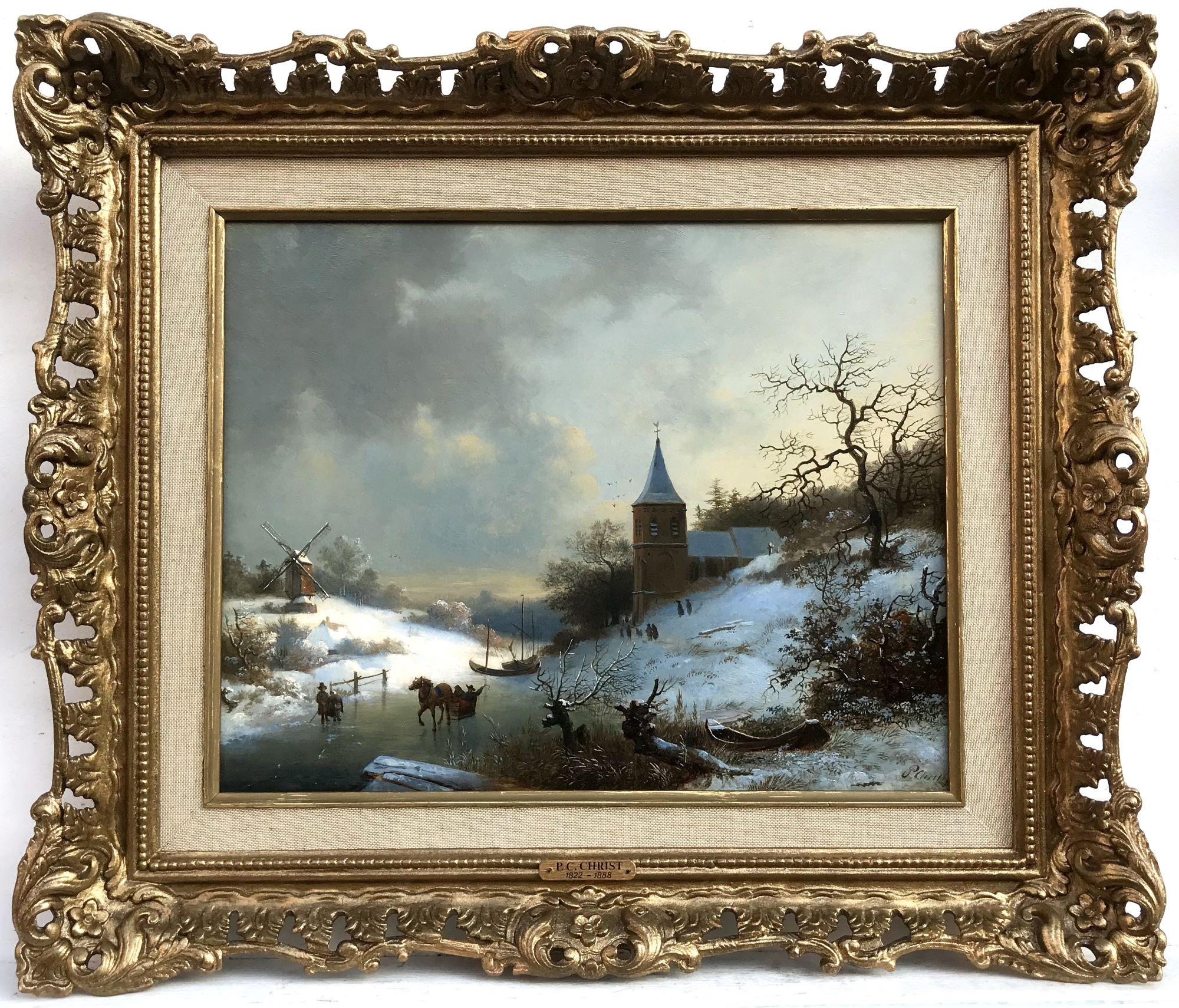 Pieter Caspar Christ Landscape Painting – Frozen River Scene with Windmill Beyond, Öl auf Tafel, Gemälde