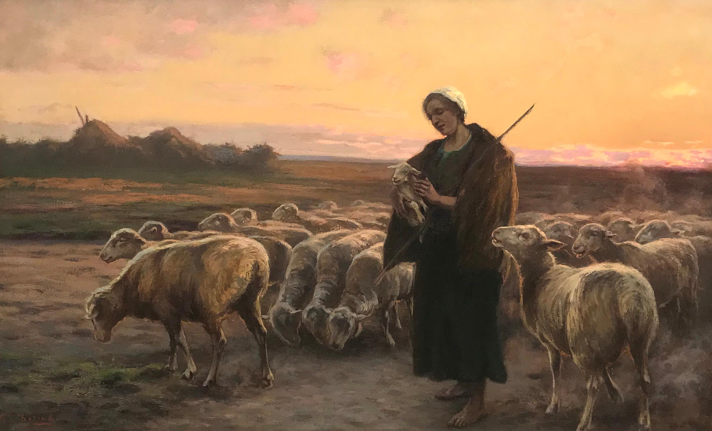 Peinture originale à l'huile sur toile « The Shepherdess With Her Flock » - Painting de Gustav Doring