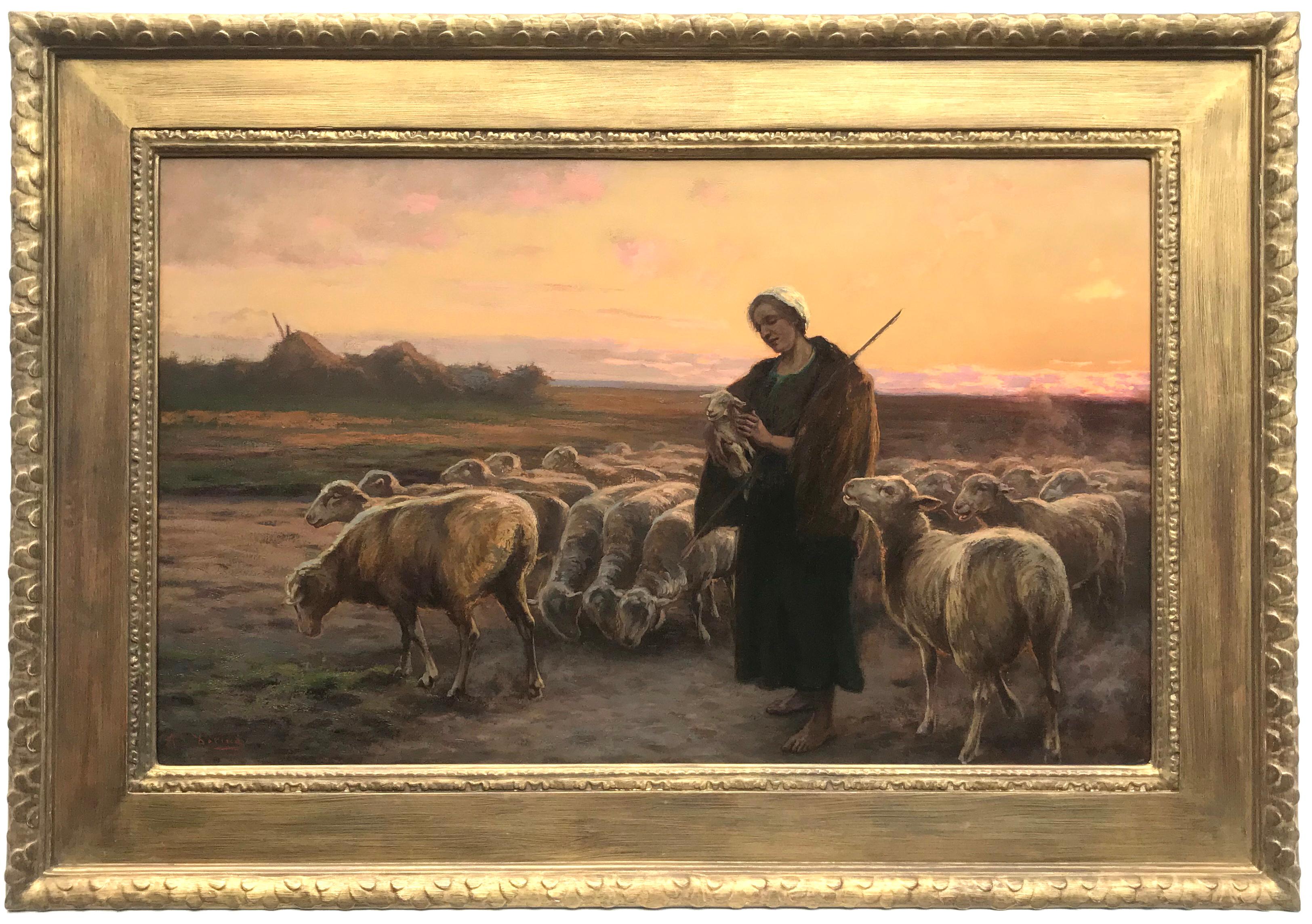 Landscape Painting Gustav Doring - Peinture originale à l'huile sur toile « The Shepherdess With Her Flock »