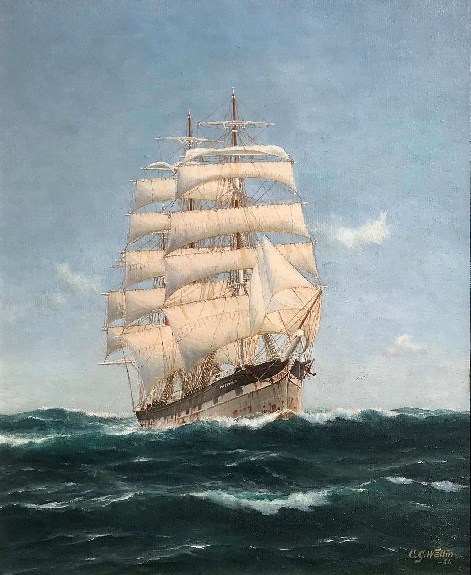 Clipper a vela - Corsa con il vento, pittura marina olio su tela - Painting di Carl Georg Wallin