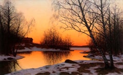 Paisaje invernal de nieve derretida y atardecer reflexivo, Óleo sobre lienzo