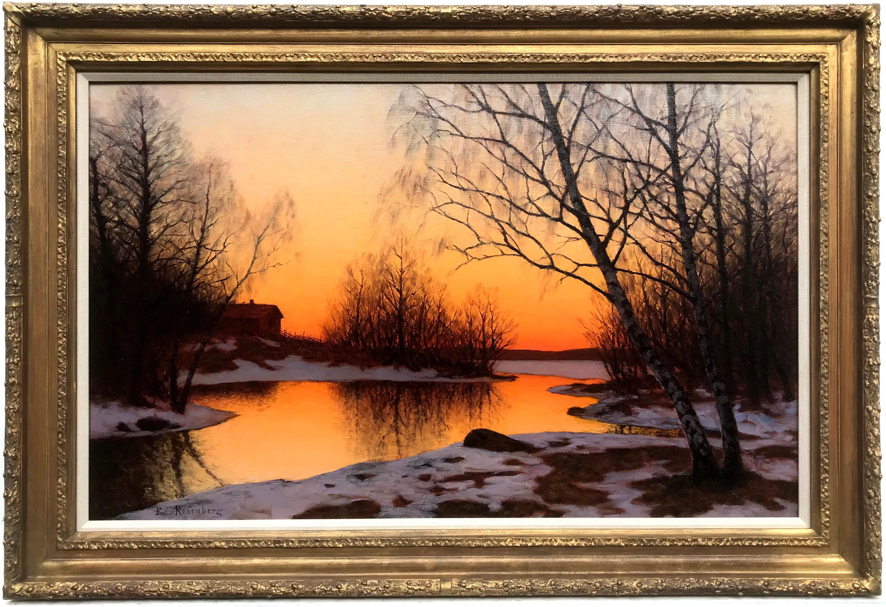 Edvard Rosenberg Landscape Painting - Winter landscape of melting snow and reflective evening sunset, Oil on Canvas 