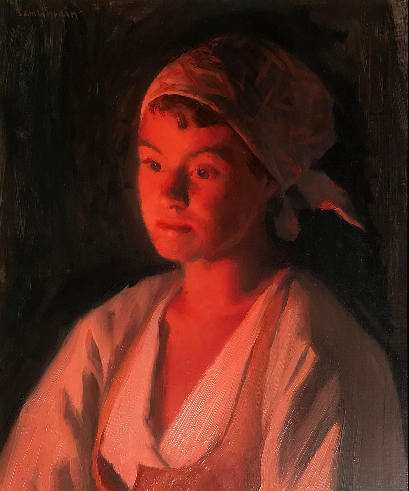 Portrait of a young Swedish woman, bathed in warm firelight, Oil on Panel  - Painting by Sam Uhrdin