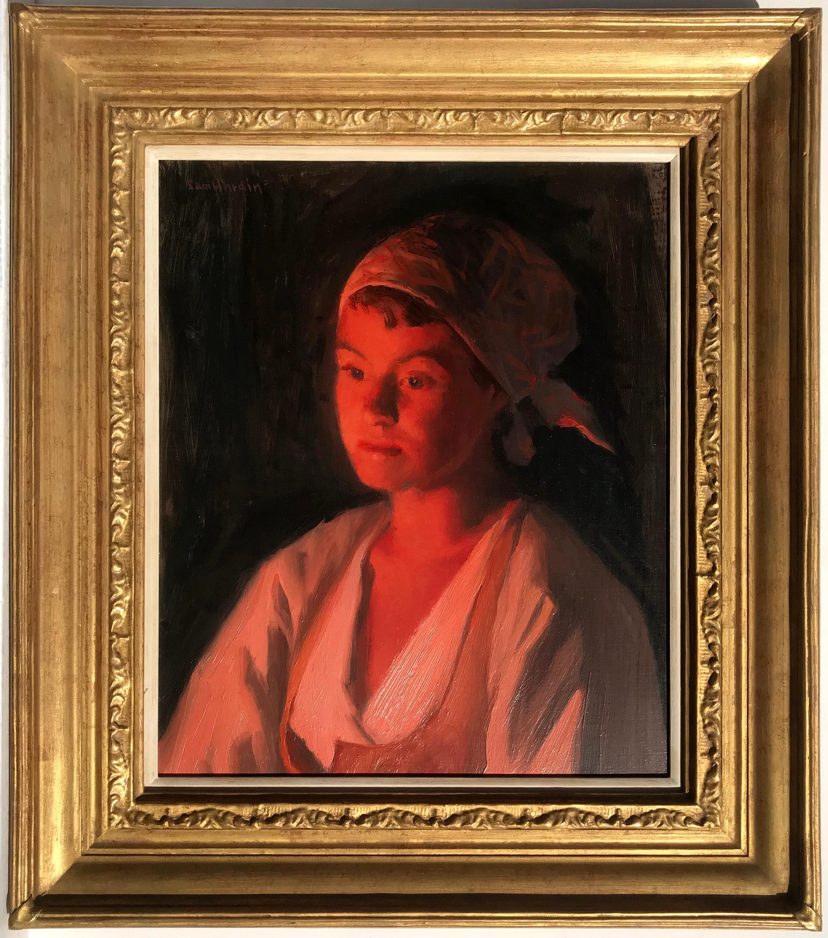 Portrait of a young Swedish woman, bathed in warm firelight, Oil on Panel 