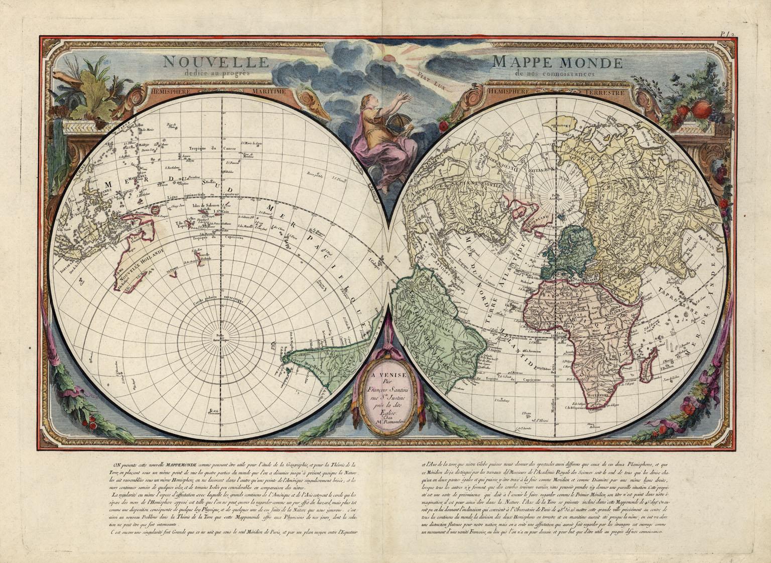Francois Santini Print - Nouvelle Mappe Monde, dediee au progres de nos connoissances.