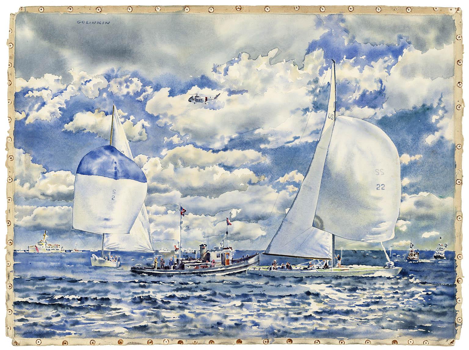 America's Cup - 1967.  Ohrmarke, Intrepid und Dame Pattie. – Art von Joseph Webster Golinkin