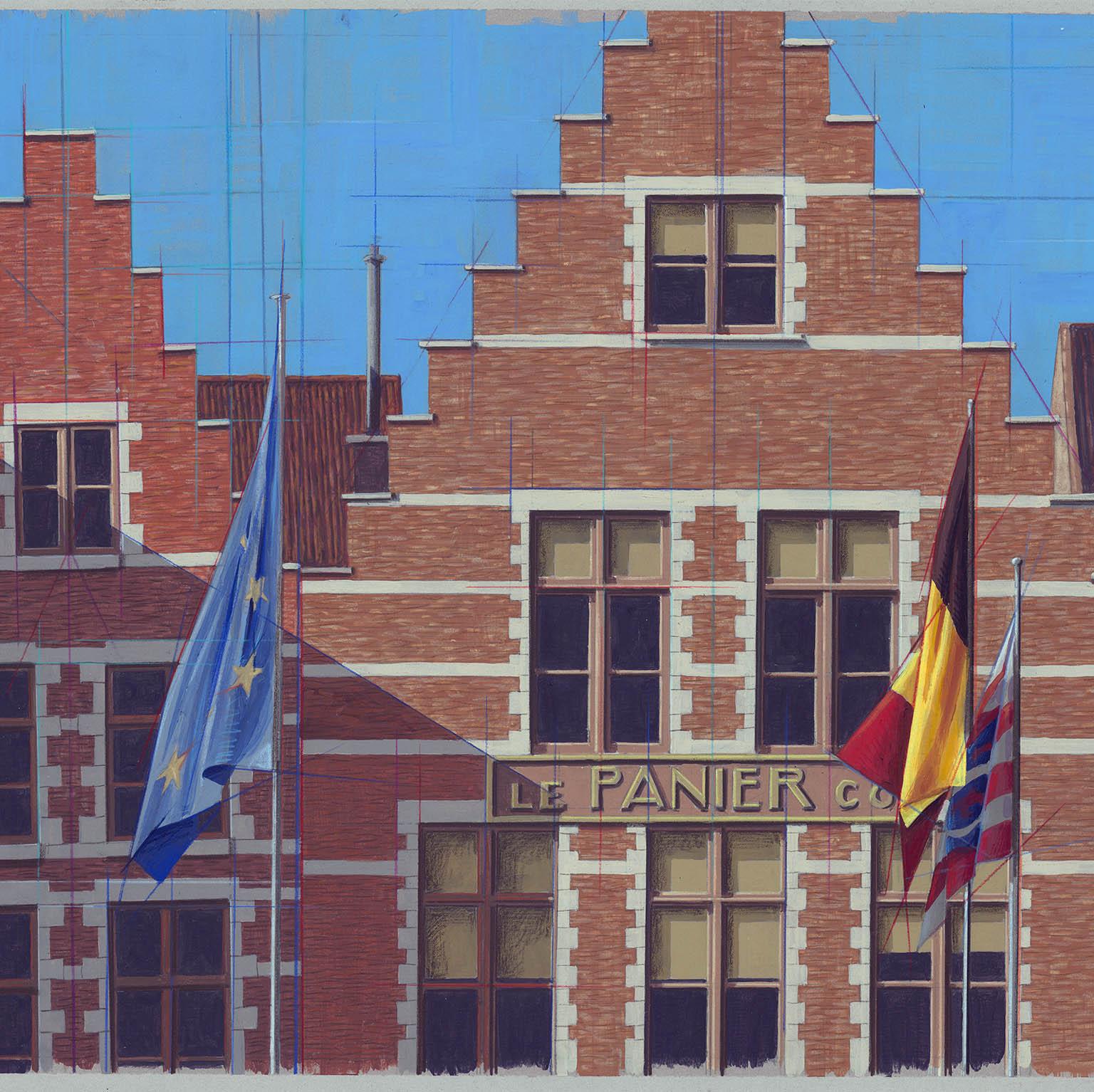 872 Serie BRU:  Desfile empinado/escalonado. [Brujas, Bélgica].

El artista contemporáneo Thomas Roese, inspirado por el paisaje industrial de las acerías, los patios ferroviarios, los detalles arquitectónicos y los barrios urbanos que le rodeaban,