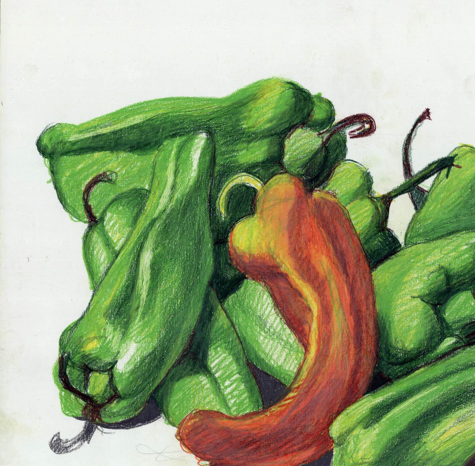 Pfefferstreuer aus grünem und grünem Holz (Beige), Still-Life, von Emilio Sanchez