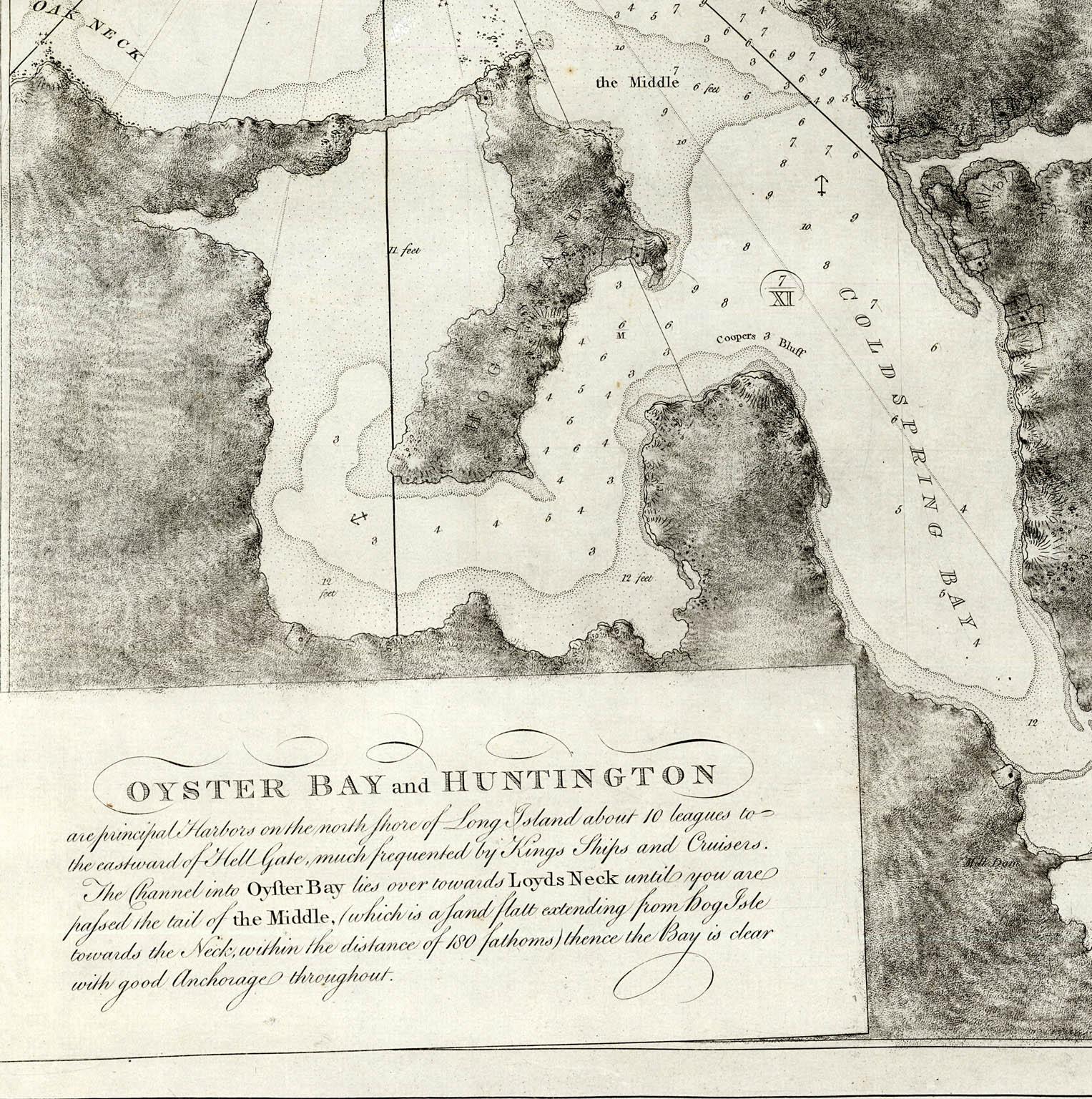 HELL GATE / OYSTER BAY AND HUNTINGTON / HUNTINGTON BAY. This aquatint and line engraved map was published according to Act of Parliament Novr. 19th, 1778.

This chart is from the 