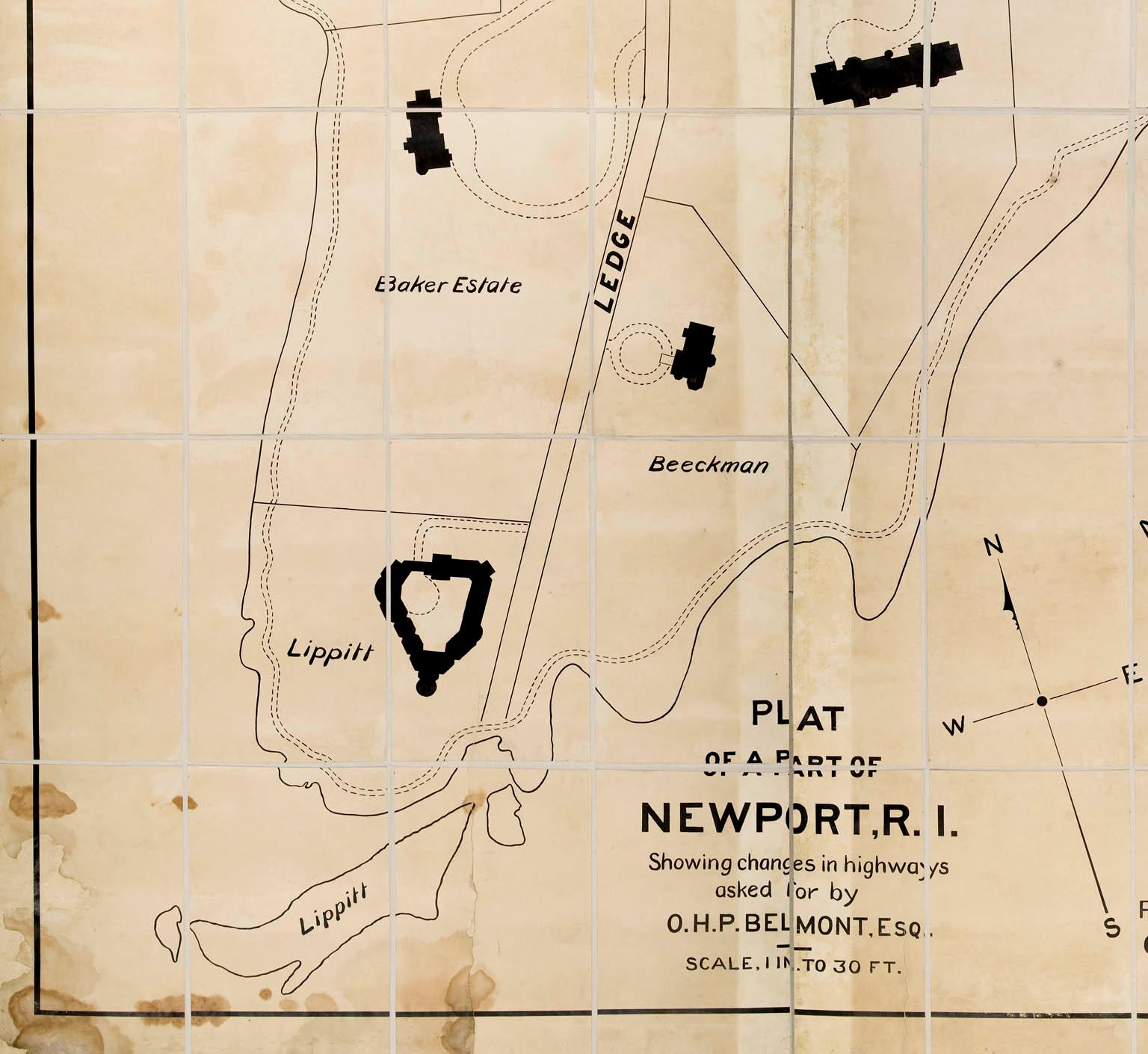 PLAN OF A PART OF NEWPORT, R.I. SHOWING CHANGES IN HIGHWAYS ASKED FOR BY O.H.P. BELMONT, ESQ.

The original ink and watercolor plan on paper from 1907.  The plan is extremely large; if fully assembled it would measure no less than 11.5 feet in