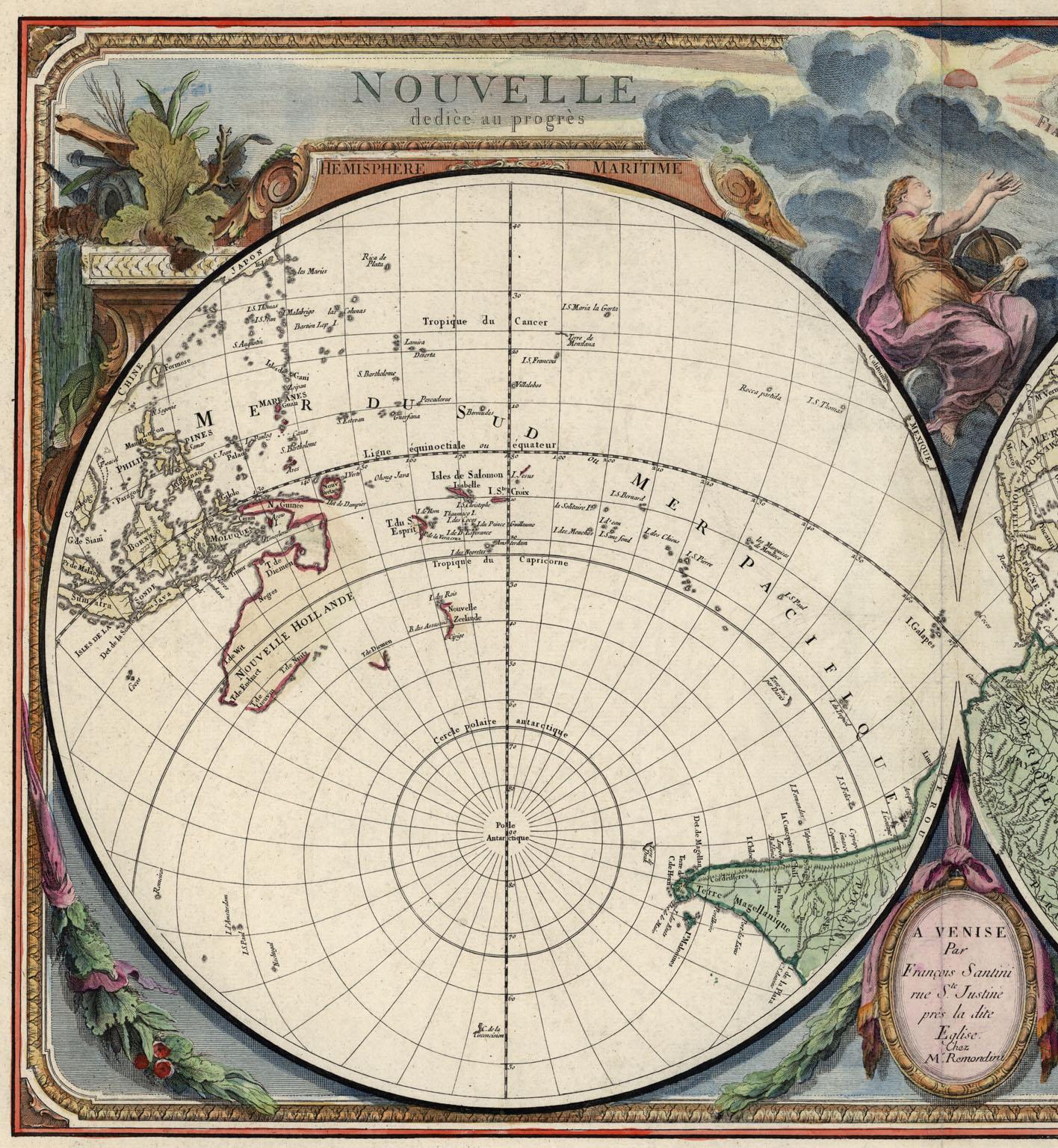 Nouvelle Mappe Monde, dediee au progres de nos connoissances. - Print by Francois Santini