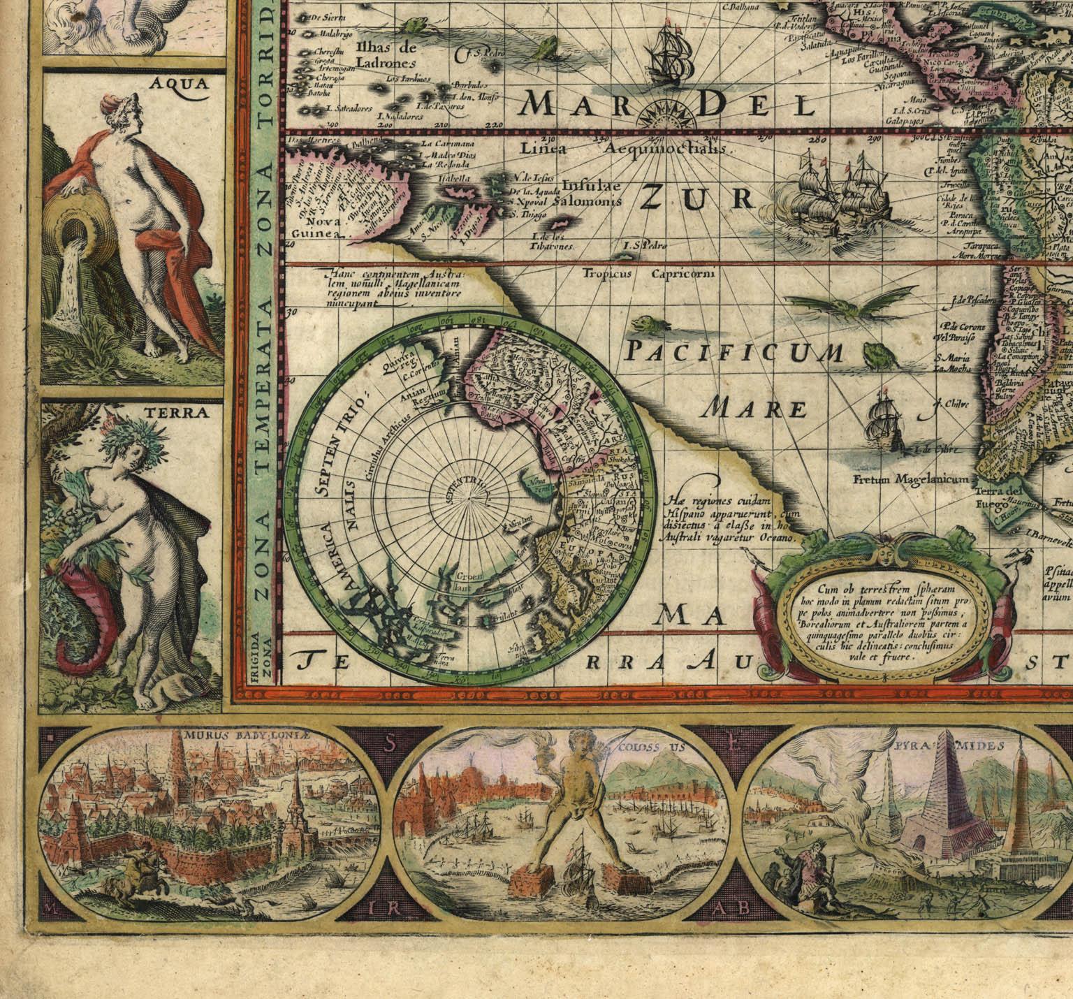 Copper-plate engraving, hand-colored, 1608 - c.1630 and published by Joannes Jansonius, Amsterdam.  Image size 15.75 x 21.19 inches (40 x 53.9 cm).  

A classic example of a world map based on Mercator's projection. This beautiful carte-a-figures