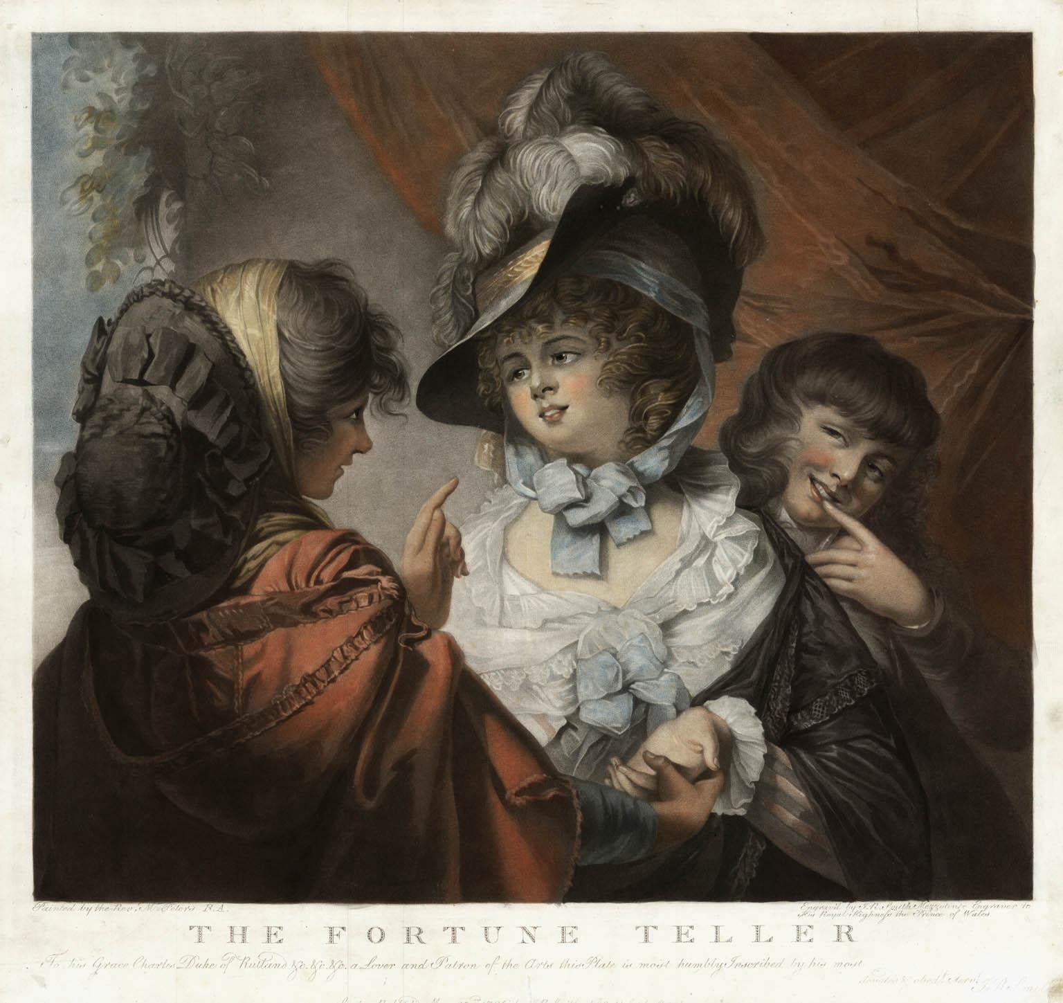 THE GAMESTERS and THE FORTUNE TELLER.

A wonderful pair of color printed mezzotint engravings after paintings by the Rev. Matthew William Peters, R.A.   Matthew William Peters (1742 – 20 March 1814) was an English portrait and genre painter who