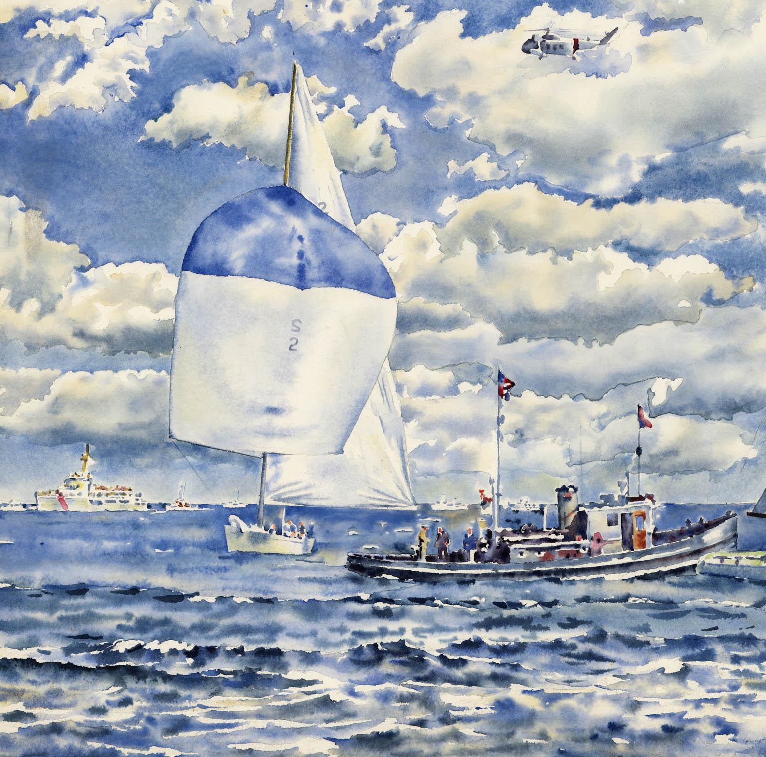 America's Cup - 1967.  Wing Mark, Intrepid and Dame Pattie. - Gray Landscape Art by Joseph Webster Golinkin