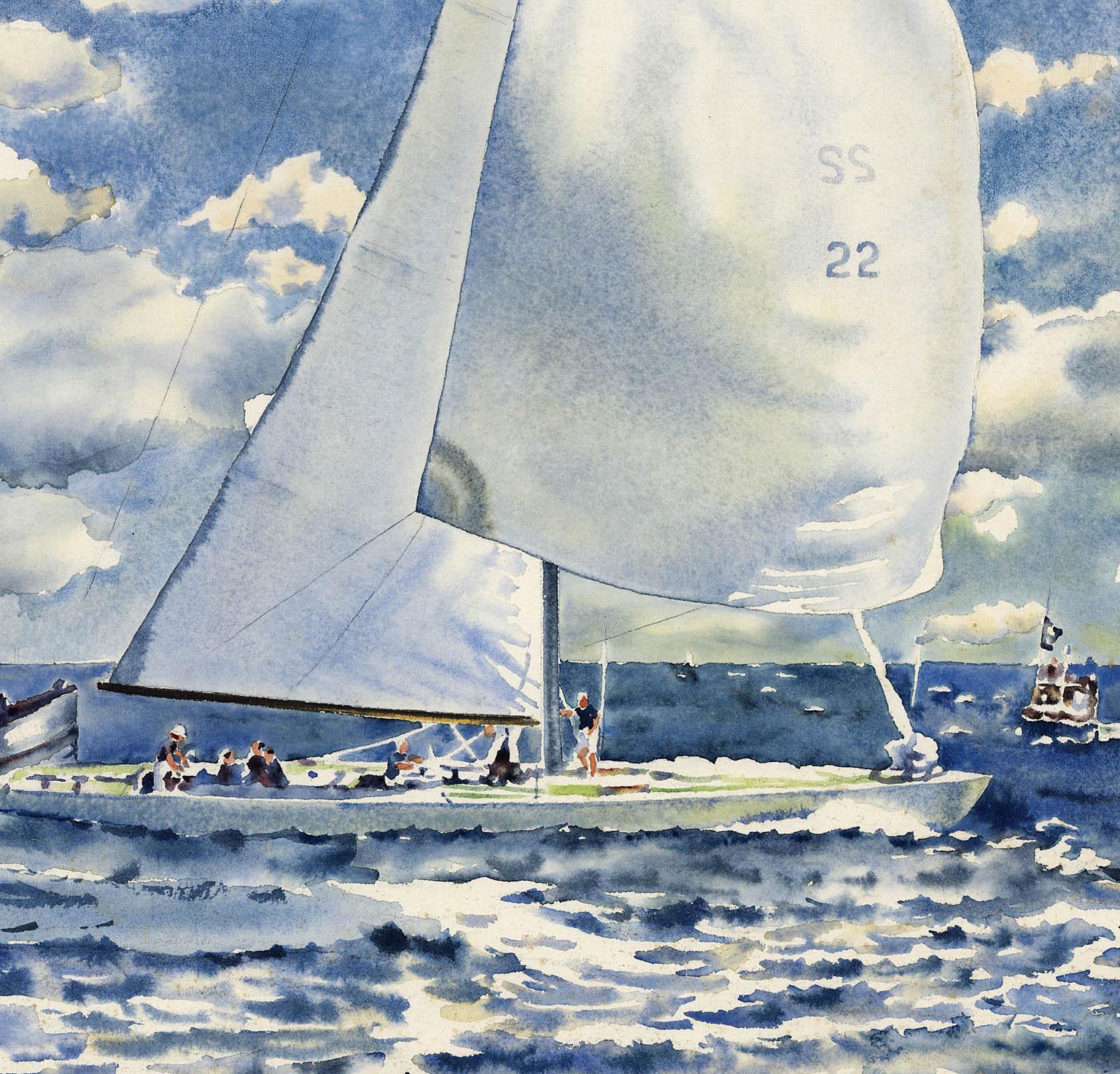 AMERICA'S CUP - 1967.  WING MARK. INTREPID  - DAME PATTIE [AUS].

This Joseph Webster Golinkin watercolor of the 1967 America's Cup depicts the US sailing yacht Intrepid and the Australian sailing yacht Dame Pattie at the Wing Mark.  Signed upper