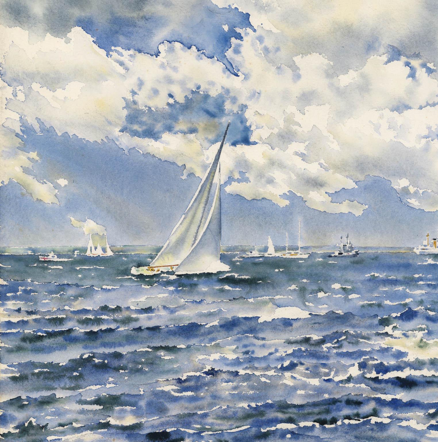 AMERICA'S CUP - 1967.  BEAT TO THE FINISH - INTREPID (USA) VS. DAME PATTIE (AUS) - Naturalistic Art by Joseph Webster Golinkin